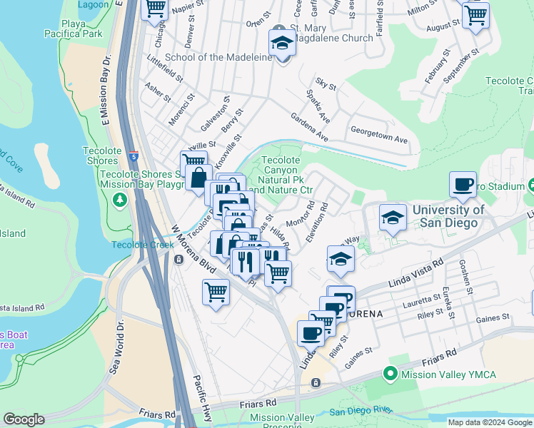 map of restaurants, bars, coffee shops, grocery stores, and more near 1362 Dorcas Street in San Diego