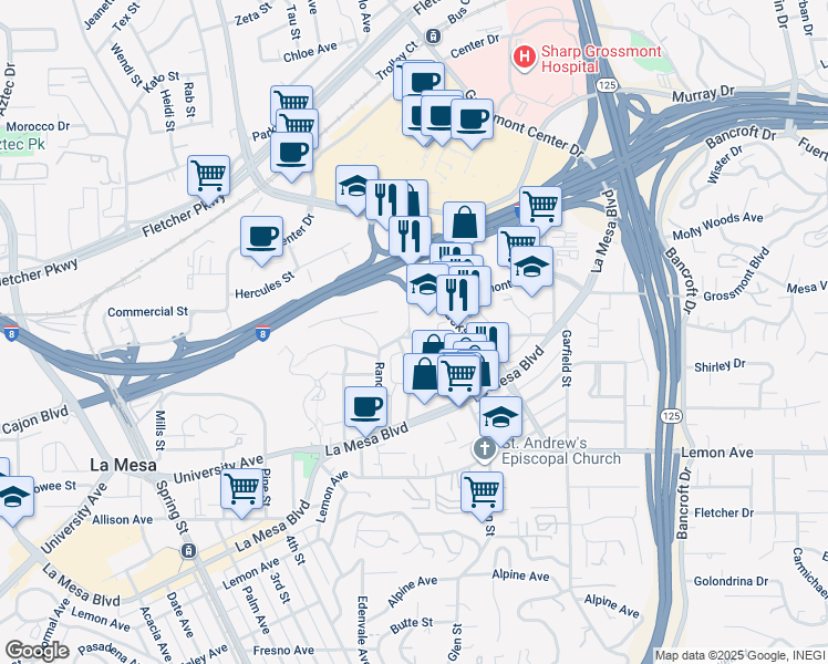 map of restaurants, bars, coffee shops, grocery stores, and more near 8610 Hayes Street in La Mesa
