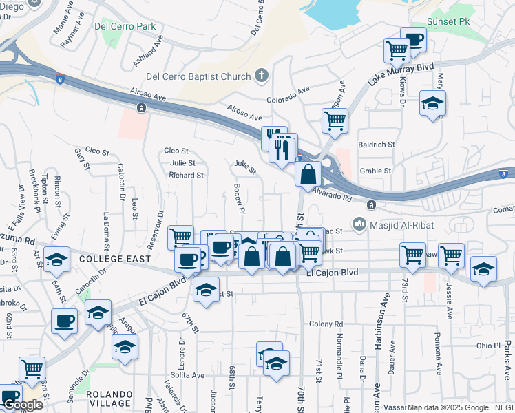 map of restaurants, bars, coffee shops, grocery stores, and more near 5160 69th Street in San Diego