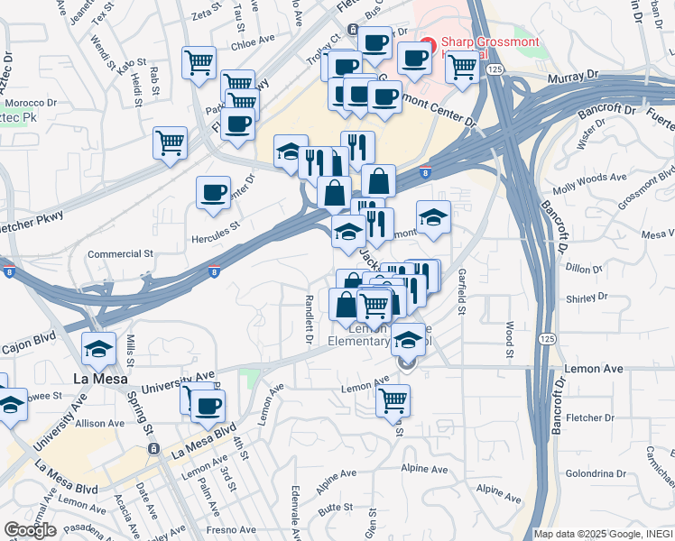 map of restaurants, bars, coffee shops, grocery stores, and more near 8610 Hayes Street in La Mesa