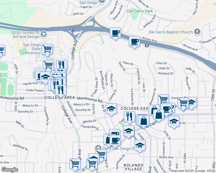 map of restaurants, bars, coffee shops, grocery stores, and more near 5144 Tipton Street in San Diego