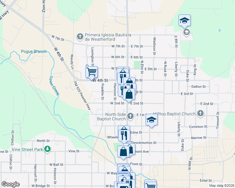 map of restaurants, bars, coffee shops, grocery stores, and more near 1112 Hanover Street in Weatherford