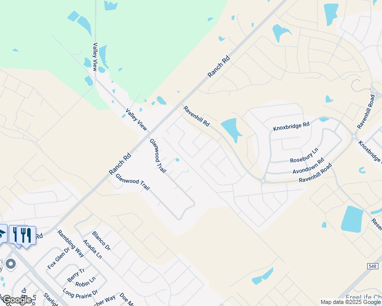 map of restaurants, bars, coffee shops, grocery stores, and more near 1517 Fairweather Way in Forney