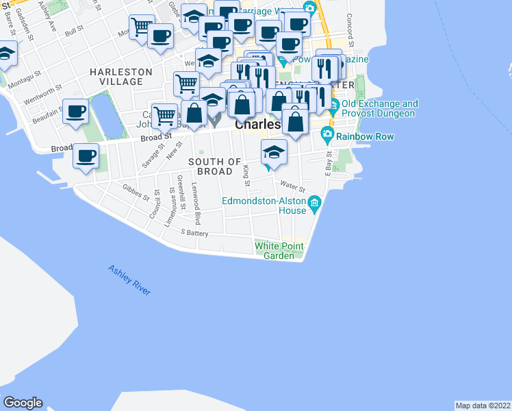 map of restaurants, bars, coffee shops, grocery stores, and more near 22 King Street in Charleston