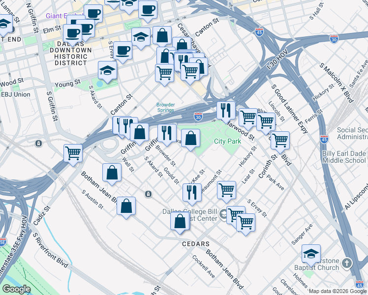 map of restaurants, bars, coffee shops, grocery stores, and more near 1401 Orr Street in Dallas