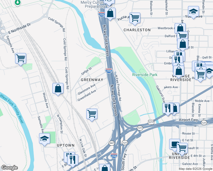 map of restaurants, bars, coffee shops, grocery stores, and more near 1932 Greenfield Avenue in Fort Worth