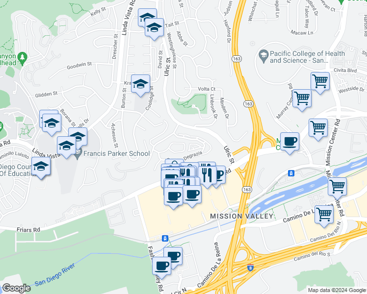 map of restaurants, bars, coffee shops, grocery stores, and more near 7067 Camino Revueltos in San Diego