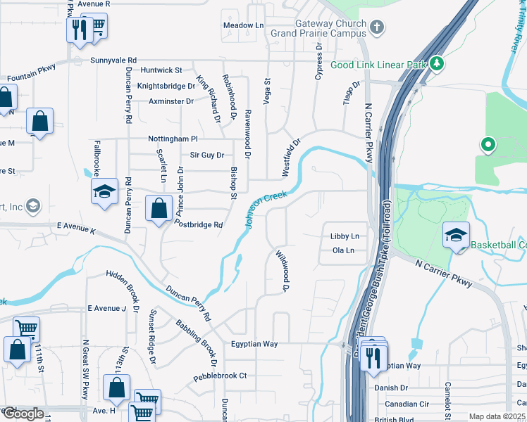 map of restaurants, bars, coffee shops, grocery stores, and more near 2200 Rock Creek Drive in Grand Prairie