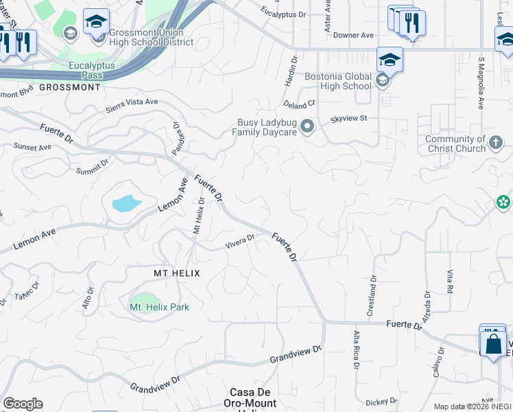 map of restaurants, bars, coffee shops, grocery stores, and more near 5002 Helix Terrace in La Mesa
