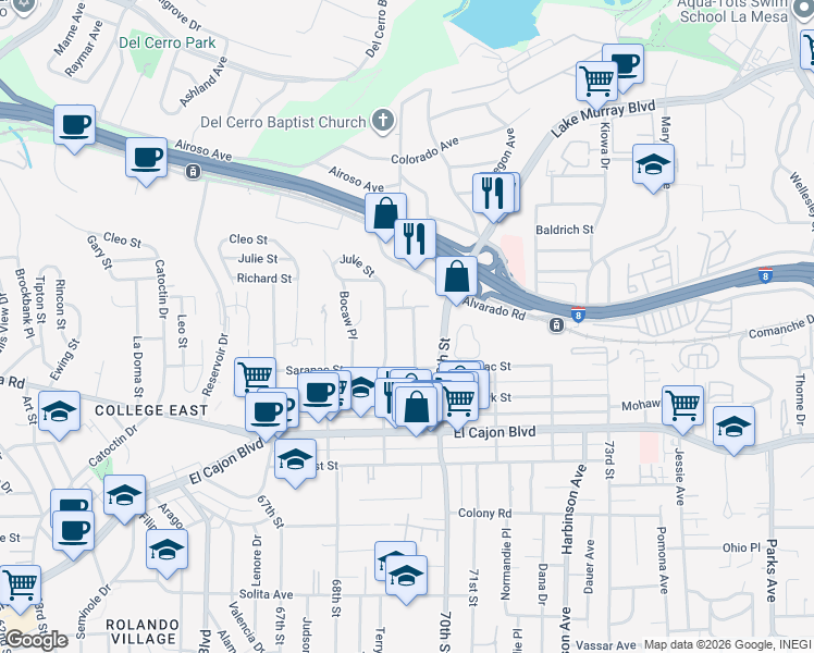 map of restaurants, bars, coffee shops, grocery stores, and more near 5131 Manchester Road in San Diego