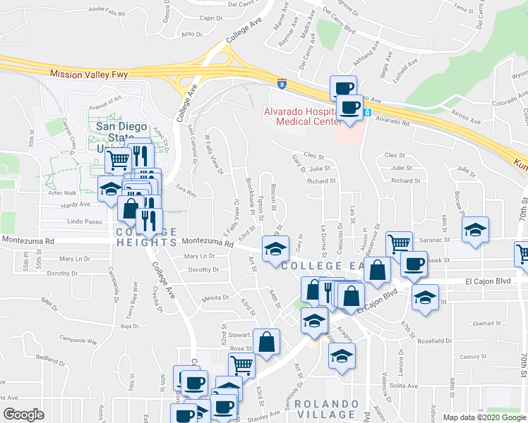 map of restaurants, bars, coffee shops, grocery stores, and more near 5144 Tipton Street in San Diego