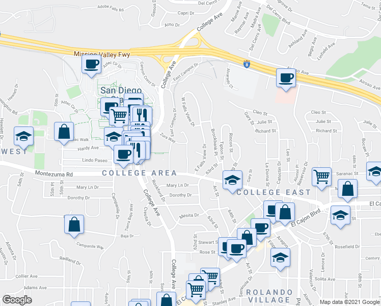map of restaurants, bars, coffee shops, grocery stores, and more near 6320 Aztec Walk East in San Diego