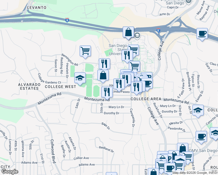 map of restaurants, bars, coffee shops, grocery stores, and more near 5566 Lindo Paseo in San Diego