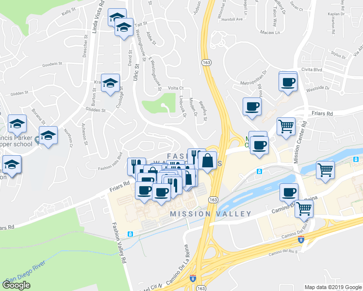 map of restaurants, bars, coffee shops, grocery stores, and more near 7163 Camino Degrazia in San Diego