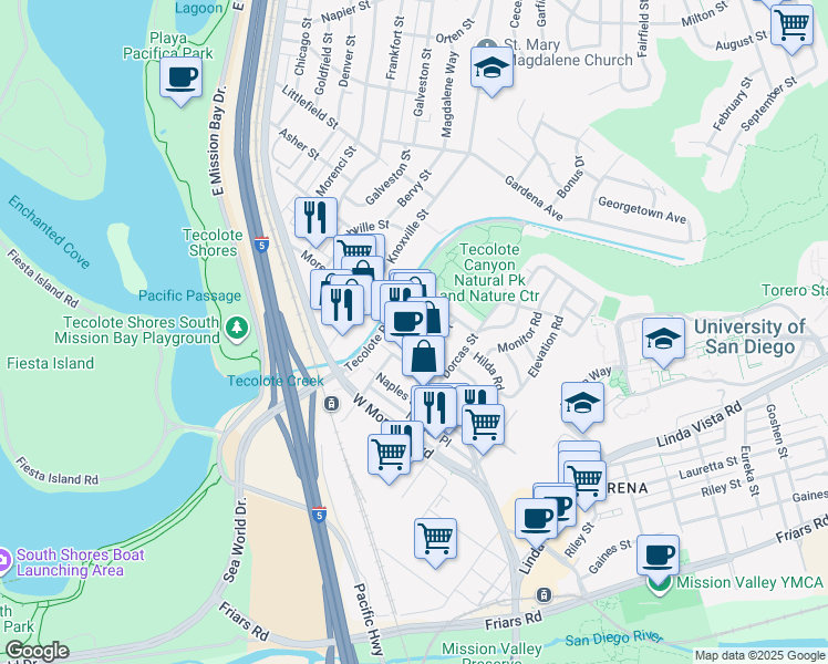 map of restaurants, bars, coffee shops, grocery stores, and more near 1312 Morena Boulevard in San Diego
