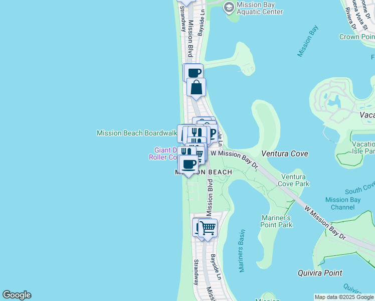 map of restaurants, bars, coffee shops, grocery stores, and more near 15 Ocean Front Walk in San Diego