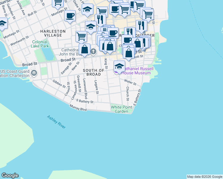 map of restaurants, bars, coffee shops, grocery stores, and more near 22 King Street in Charleston
