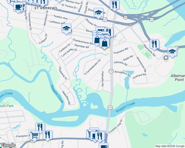 map of restaurants, bars, coffee shops, grocery stores, and more near 28 Formosa Drive in Charleston