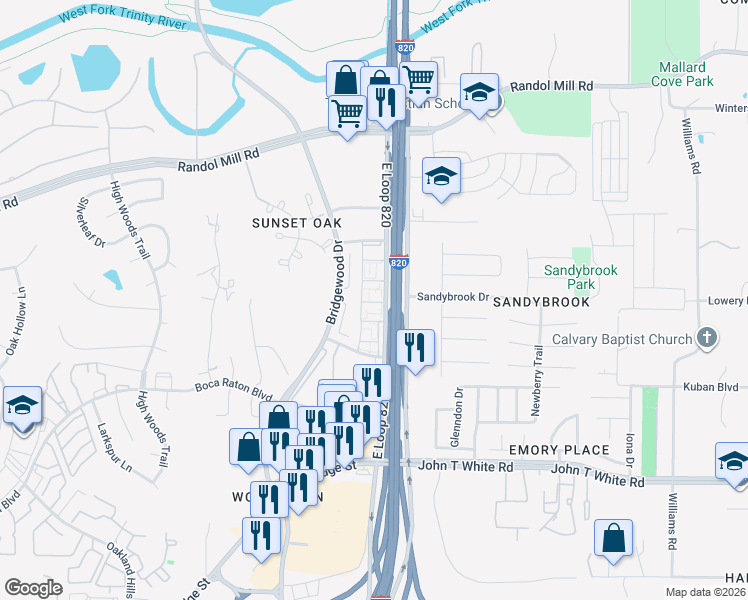 map of restaurants, bars, coffee shops, grocery stores, and more near 500 East Loop 820 in Fort Worth