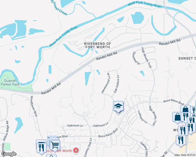 map of restaurants, bars, coffee shops, grocery stores, and more near 405 Oakmont Lane North in Fort Worth