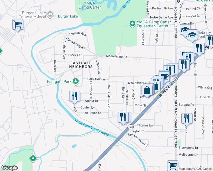 map of restaurants, bars, coffee shops, grocery stores, and more near 817 Black Oak Lane in Fort Worth