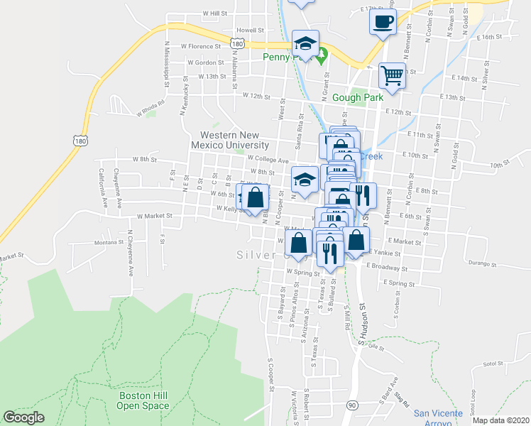 map of restaurants, bars, coffee shops, grocery stores, and more near North Black Street in Silver City