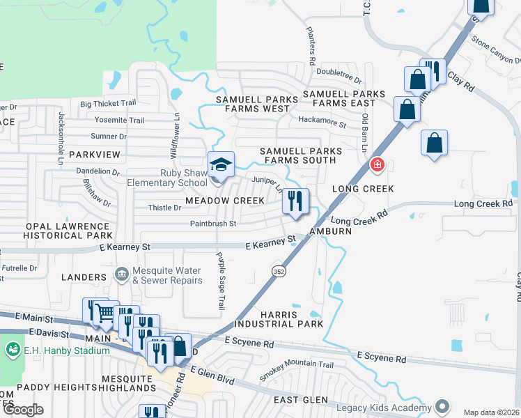 map of restaurants, bars, coffee shops, grocery stores, and more near 600 Windsong in Mesquite