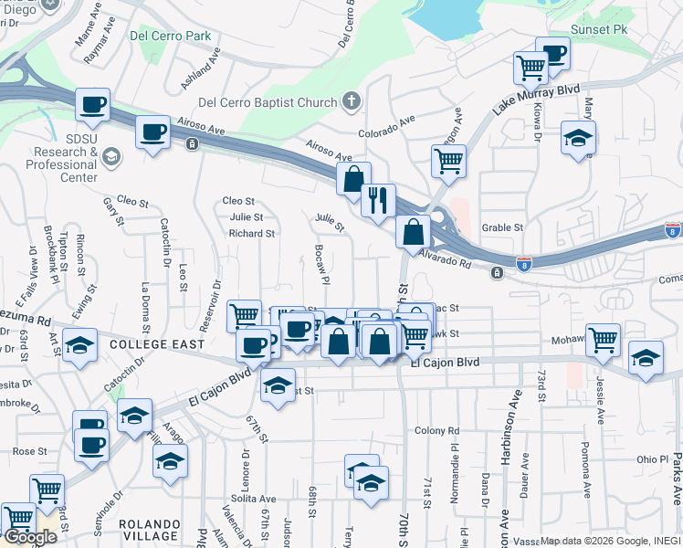 map of restaurants, bars, coffee shops, grocery stores, and more near 5160 69th Street in San Diego