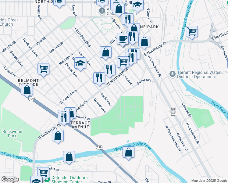 map of restaurants, bars, coffee shops, grocery stores, and more near 1220 Lincoln Avenue in Fort Worth
