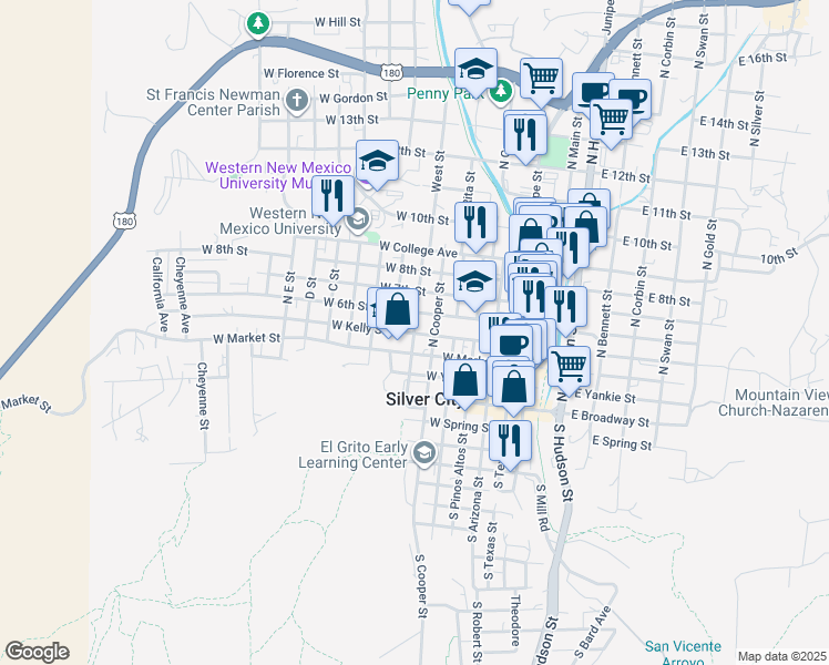 map of restaurants, bars, coffee shops, grocery stores, and more near 698 West Kelly Street in Silver City
