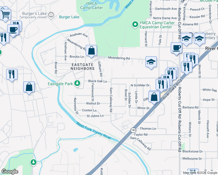 map of restaurants, bars, coffee shops, grocery stores, and more near 817 Black Oak Lane in Fort Worth