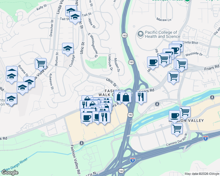map of restaurants, bars, coffee shops, grocery stores, and more near 7163 Camino Degrazia in San Diego