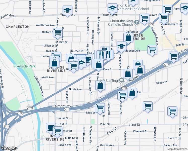 map of restaurants, bars, coffee shops, grocery stores, and more near 601 North Riverside Drive in Fort Worth