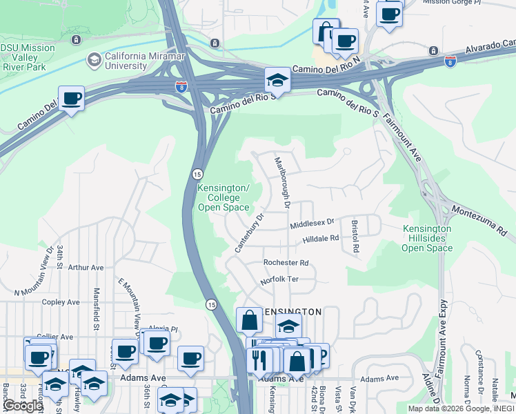 map of restaurants, bars, coffee shops, grocery stores, and more near 5198 Canterbury Drive in San Diego
