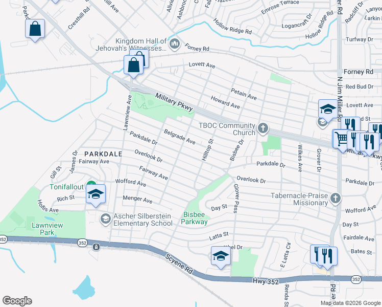 map of restaurants, bars, coffee shops, grocery stores, and more near 6223 Parkdale Drive in Dallas