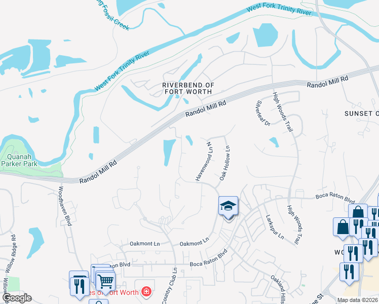 map of restaurants, bars, coffee shops, grocery stores, and more near 405 Oakmont Lane North in Fort Worth