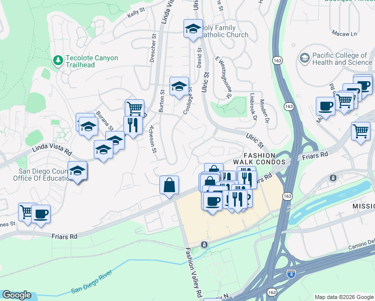 map of restaurants, bars, coffee shops, grocery stores, and more near 1425 Camino Zalce in San Diego