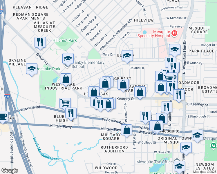 map of restaurants, bars, coffee shops, grocery stores, and more near 721 Lee Street in Mesquite