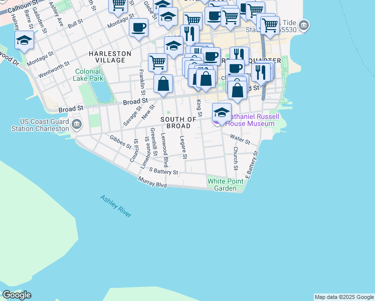 map of restaurants, bars, coffee shops, grocery stores, and more near 8 Legare Street in Charleston