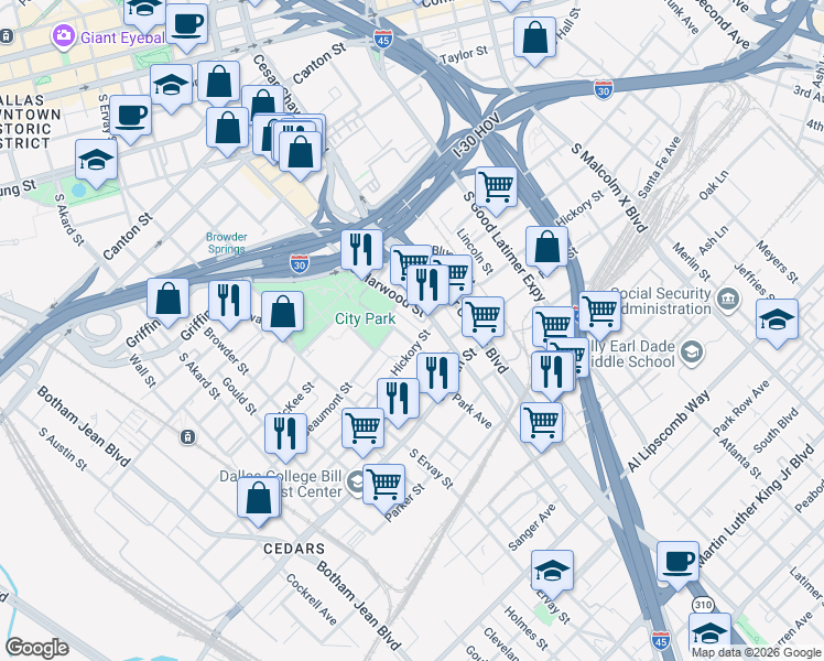 map of restaurants, bars, coffee shops, grocery stores, and more near 1818 Park Avenue in Dallas