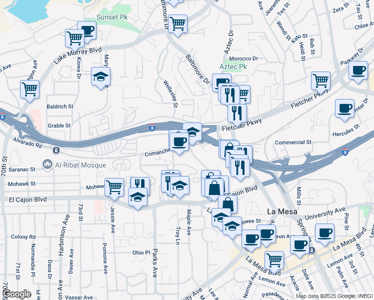 map of restaurants, bars, coffee shops, grocery stores, and more near 5176 Guava Avenue in La Mesa