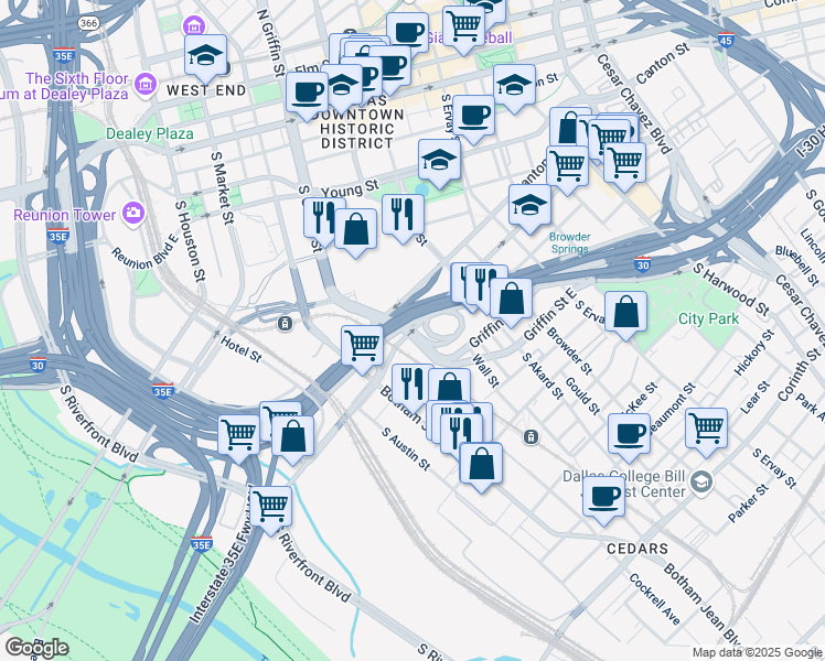 map of restaurants, bars, coffee shops, grocery stores, and more near 1201 South Griffin Street in Dallas