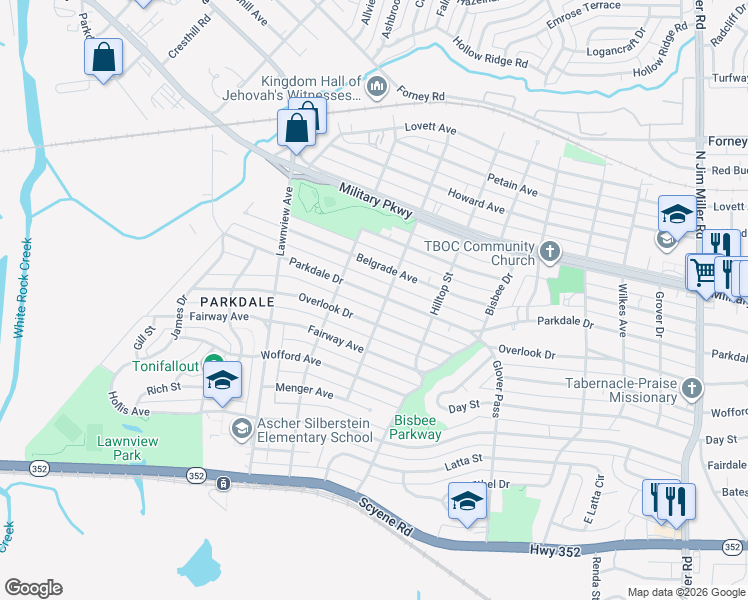 map of restaurants, bars, coffee shops, grocery stores, and more near 6138 Parkdale Drive in Dallas