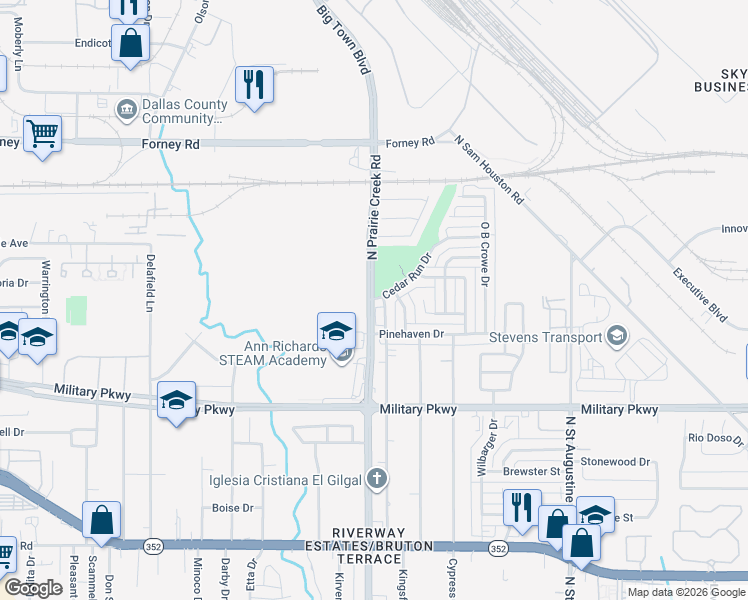map of restaurants, bars, coffee shops, grocery stores, and more near 18383 Cedar Run Drive in Dallas