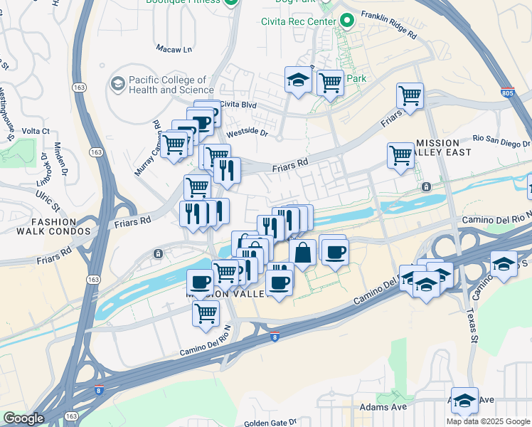 map of restaurants, bars, coffee shops, grocery stores, and more near 8023 Caminito de Pizza in San Diego