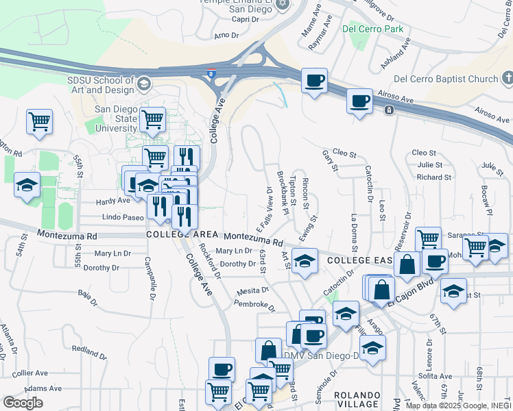 map of restaurants, bars, coffee shops, grocery stores, and more near 5136 East Falls View Drive in San Diego