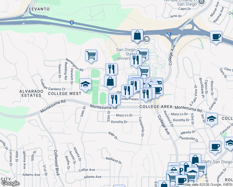 map of restaurants, bars, coffee shops, grocery stores, and more near 5566 Lindo Paseo in San Diego