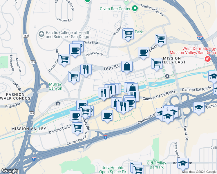 map of restaurants, bars, coffee shops, grocery stores, and more near 8075 Caminito De Pizza in San Diego