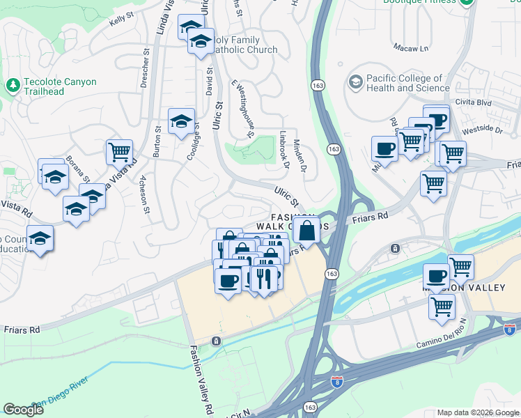 map of restaurants, bars, coffee shops, grocery stores, and more near 7044 Camino Degrazia in San Diego