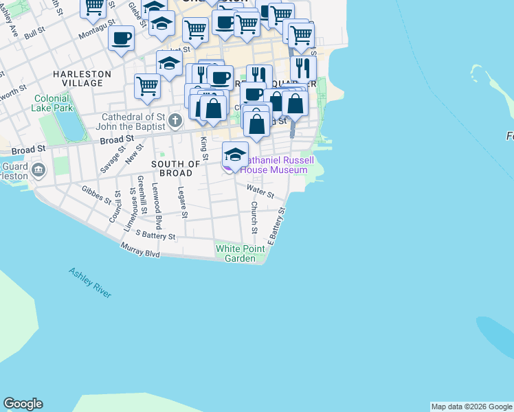 map of restaurants, bars, coffee shops, grocery stores, and more near 7 Atlantic Street in Charleston